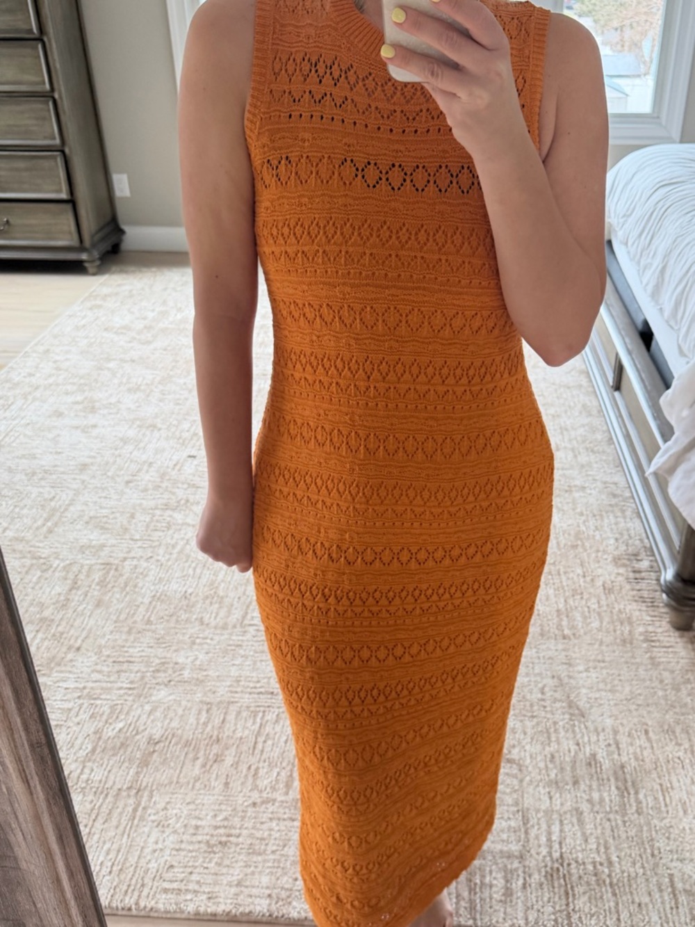 NWT Express Orange Knit Midi Dress with Lace-Style Stitching